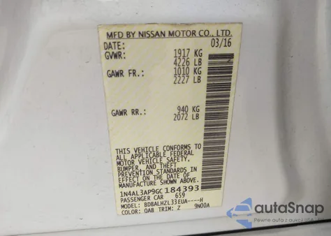 2016 Nissan Altima 2.5 Sr z USA, uszkodzony, nr VIN 1N4AL3AP9GC184393